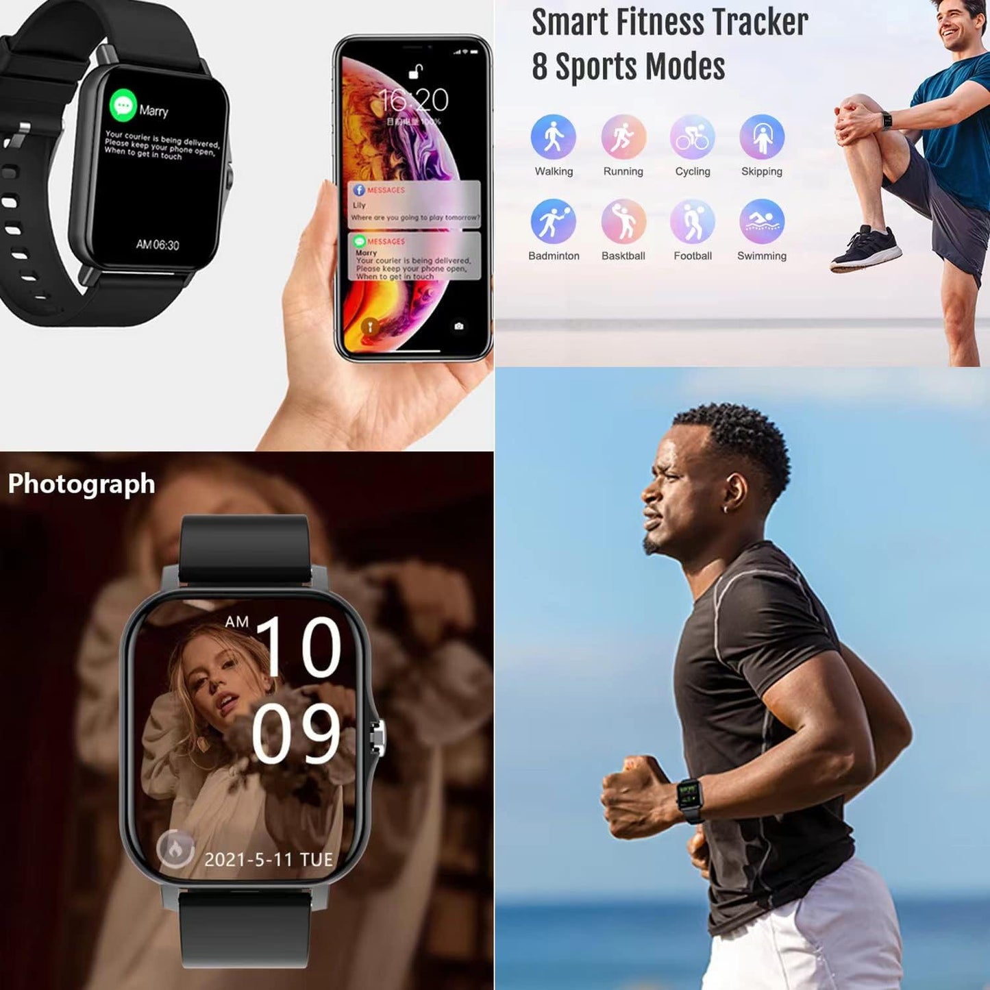 Smart Fitness Tracker Watch for Android/Ios - IP68 Waterproof, Heart Rate/Blood Oxygen/Sleep Monitoring, 8 Sports Modes, Breath Training, Weather Updates - 1.69-Inch Display for Men and Women